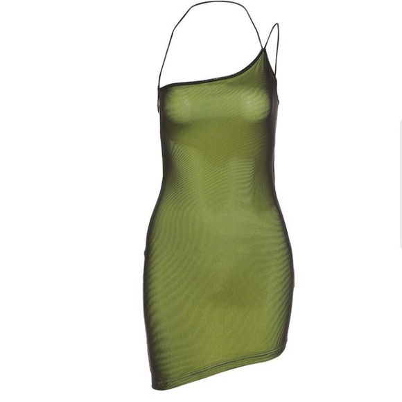NEW Green Mesh One Strap Fitted Mini Angled Dress - Picture 12 of 16